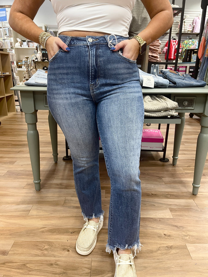 Bayeas Rita High Rise Frayed Hem Ankle Flare Jeans