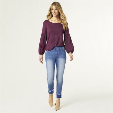 pull on denim with light wash, slant fray hem at bottom hem