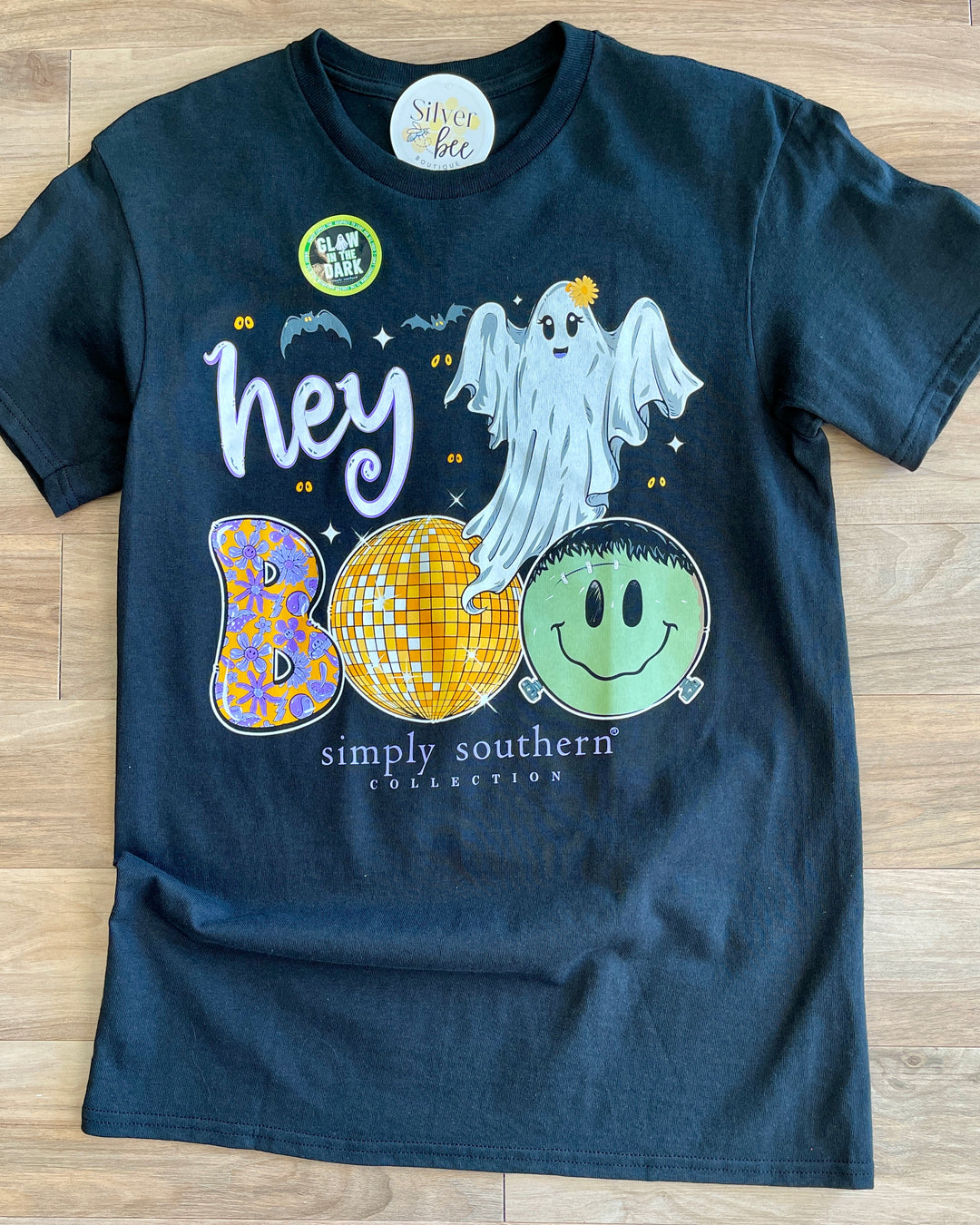 black tee, ghost, text-hey boo, glows in the dark