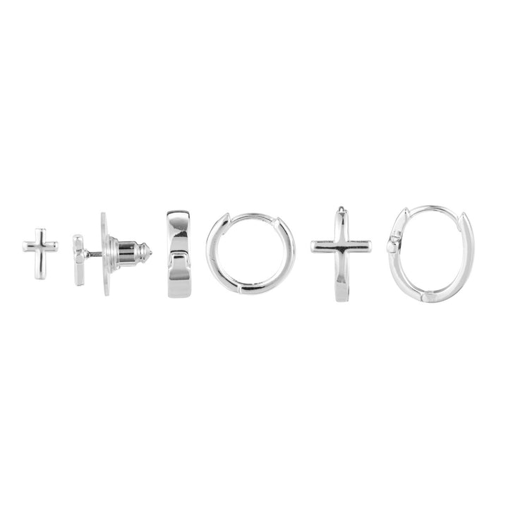 Dainty Cross Earrings Set of (3) - Silver