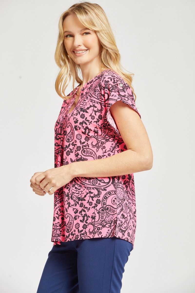 Lizzy Top Short Sleeve - Hot Pink Paisley