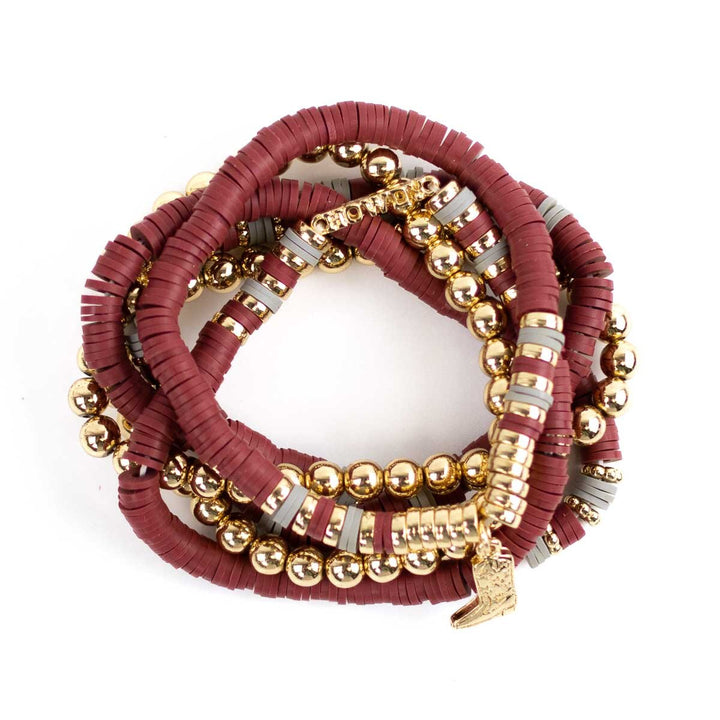 Howdy Bead Bracelet Stack  Maroon/Gray/Gold  7"