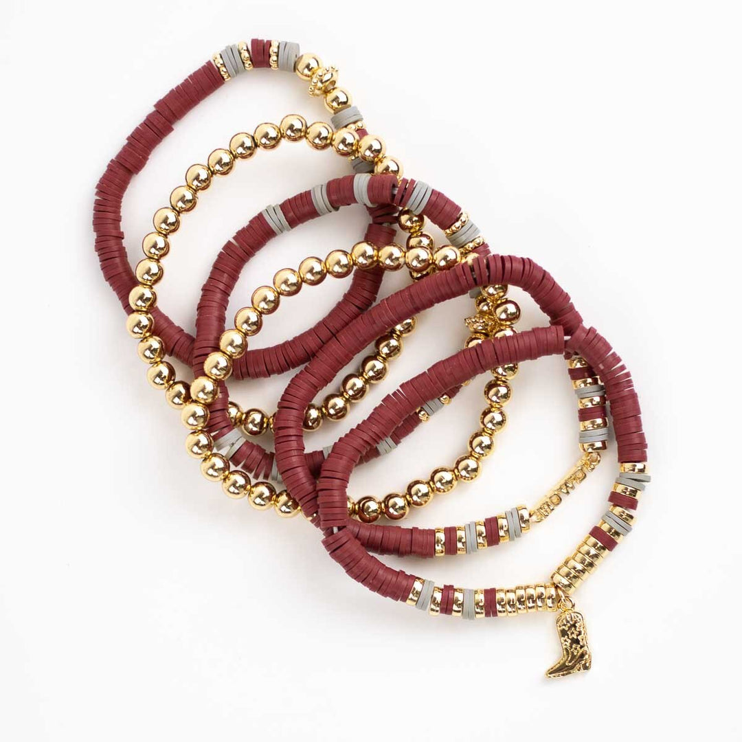 Howdy Bead Bracelet Stack  Maroon/Gray/Gold  7"