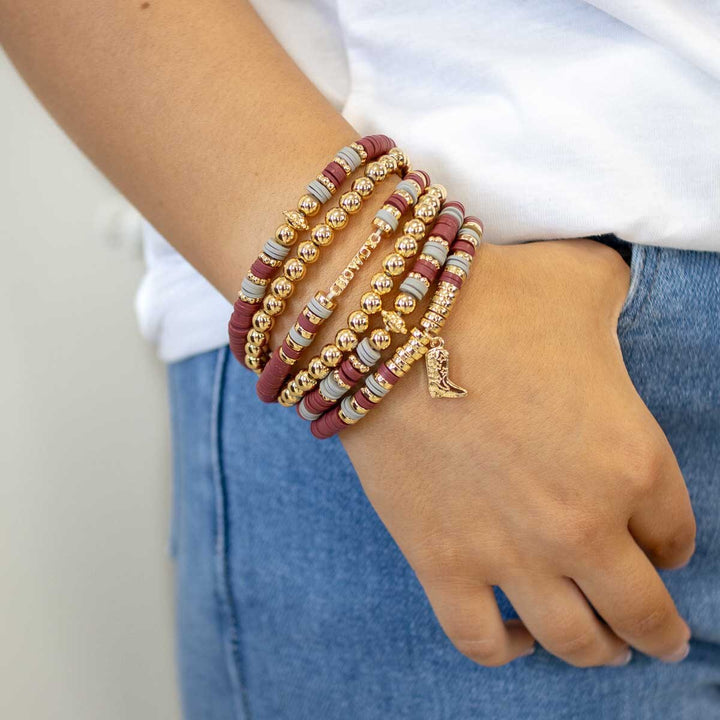 Howdy Bead Bracelet Stack  Maroon/Gray/Gold  7"