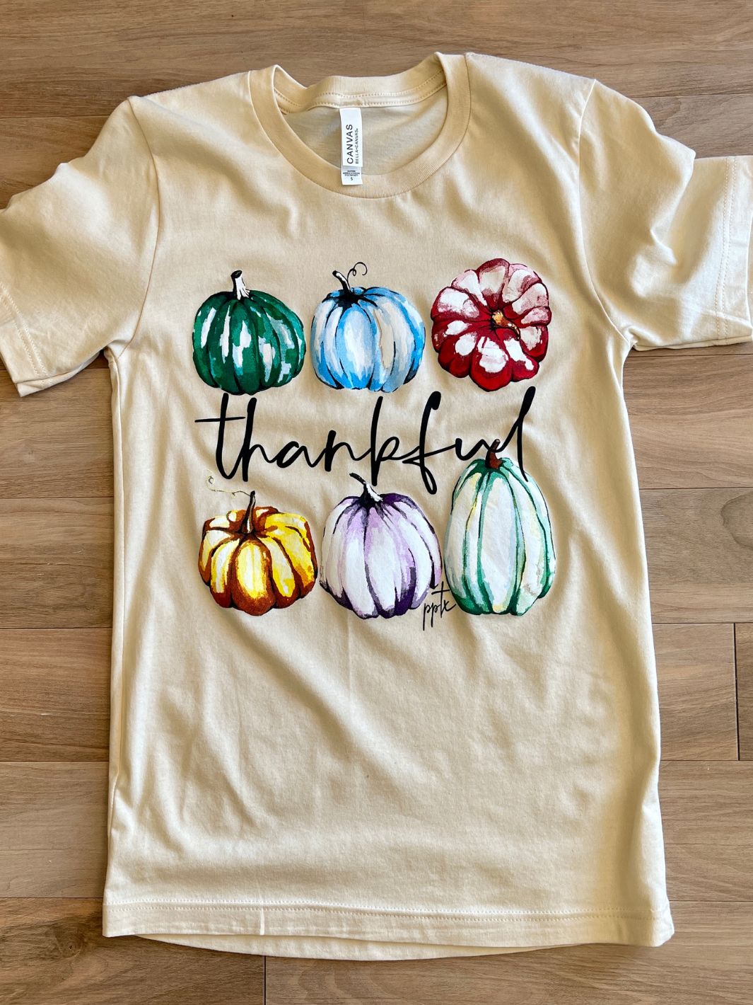 thankful text on cream colored tee with 6 different pumpkins and gourds