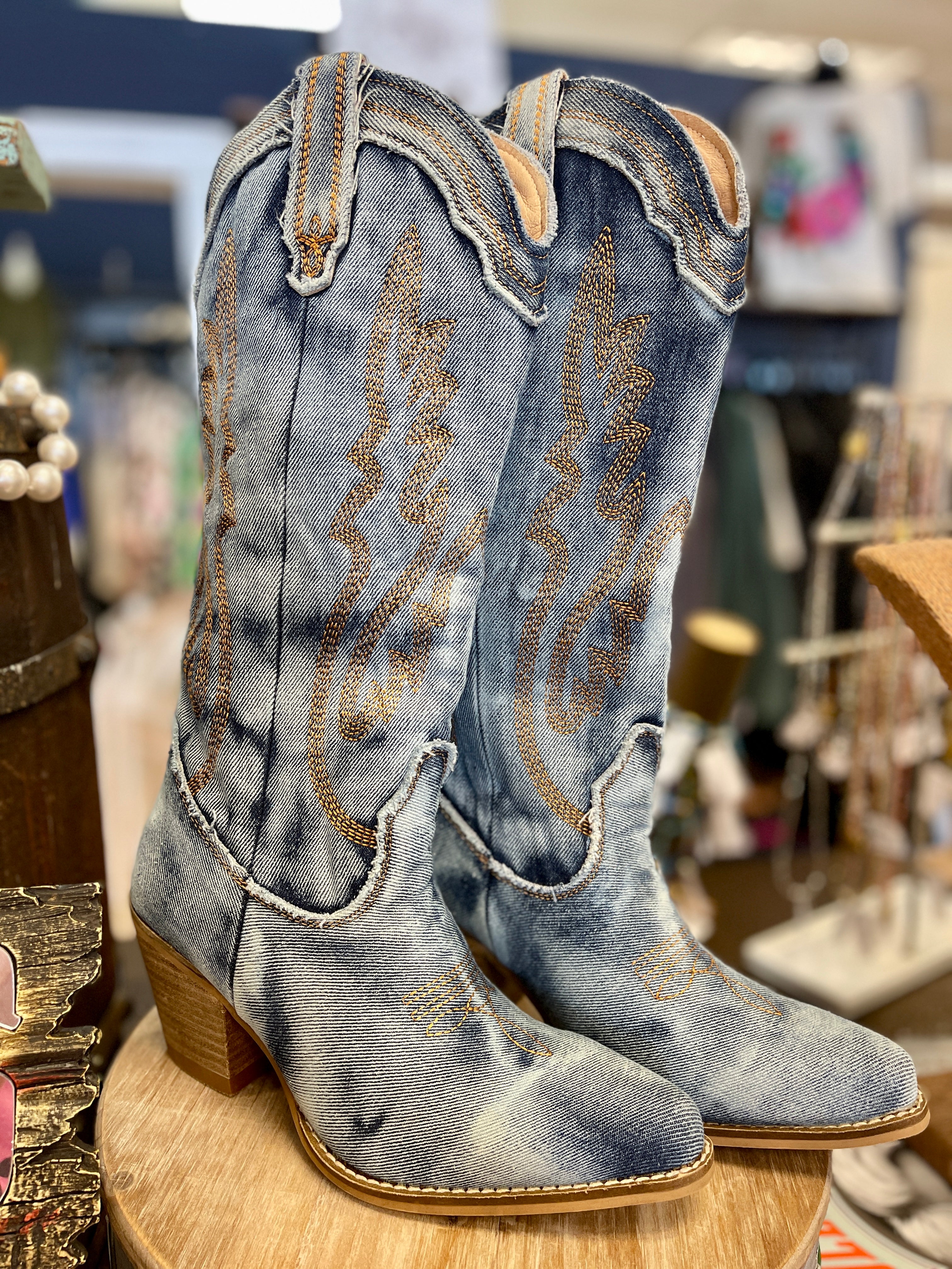 Fashion blue jean cowgirl boots