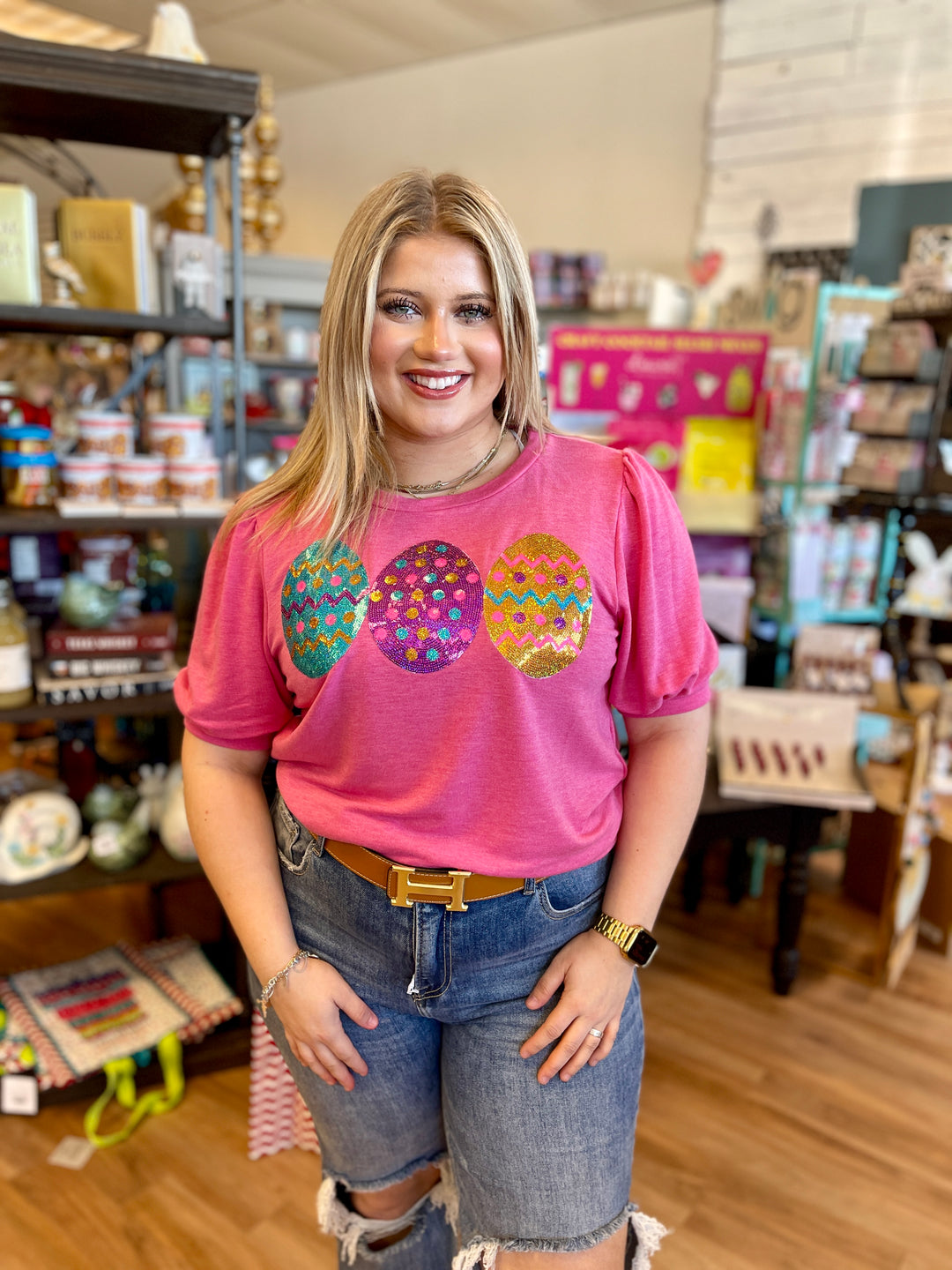 Easter Patch Sequin Tee - Hot Pink