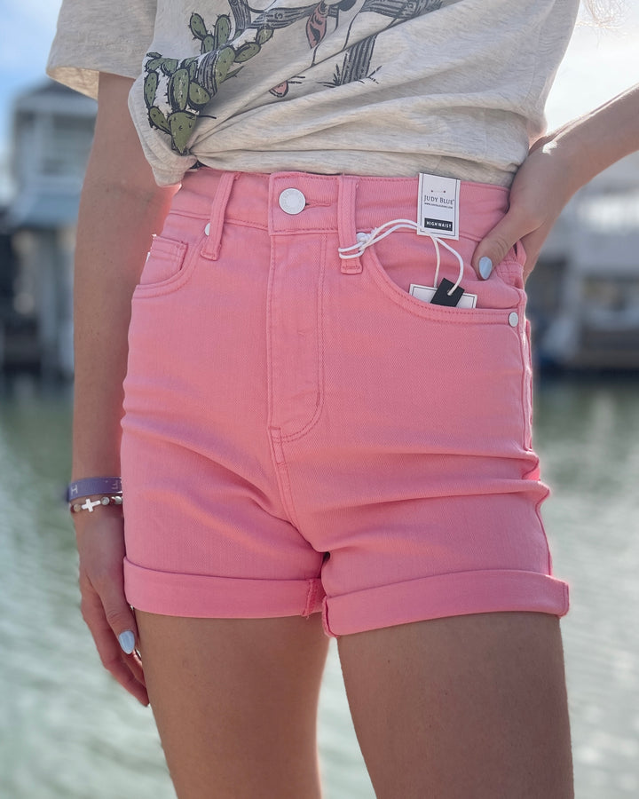 Judy Blue HW Tummy Control Garment Dyed Shorts - Pink