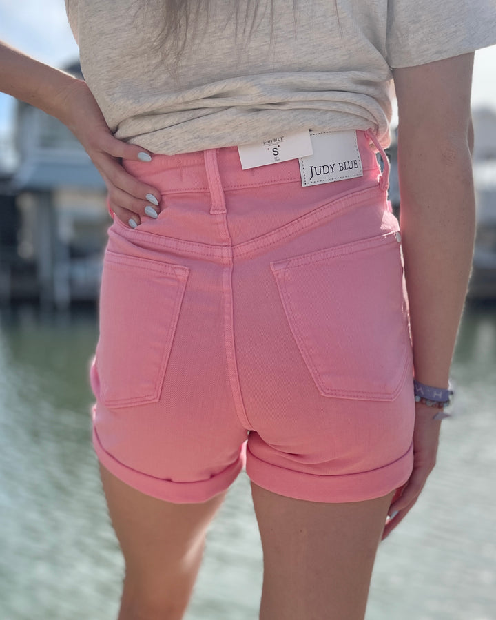 Judy Blue HW Tummy Control Garment Dyed Shorts - Pink