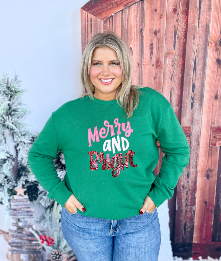 Merry & Bright Sequin Sweatshirt  Dark Green/Pink/Red