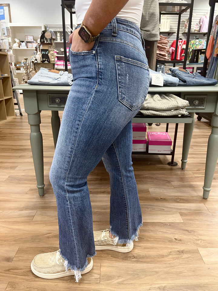 Bayeas Rita High Rise Frayed Hem Ankle Flare Jeans