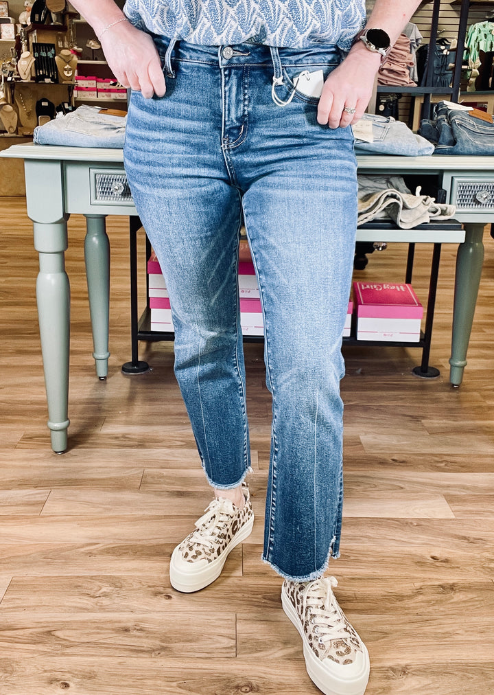 Bayeas High Rise Straight Ankle Jeans w/Raw Edge