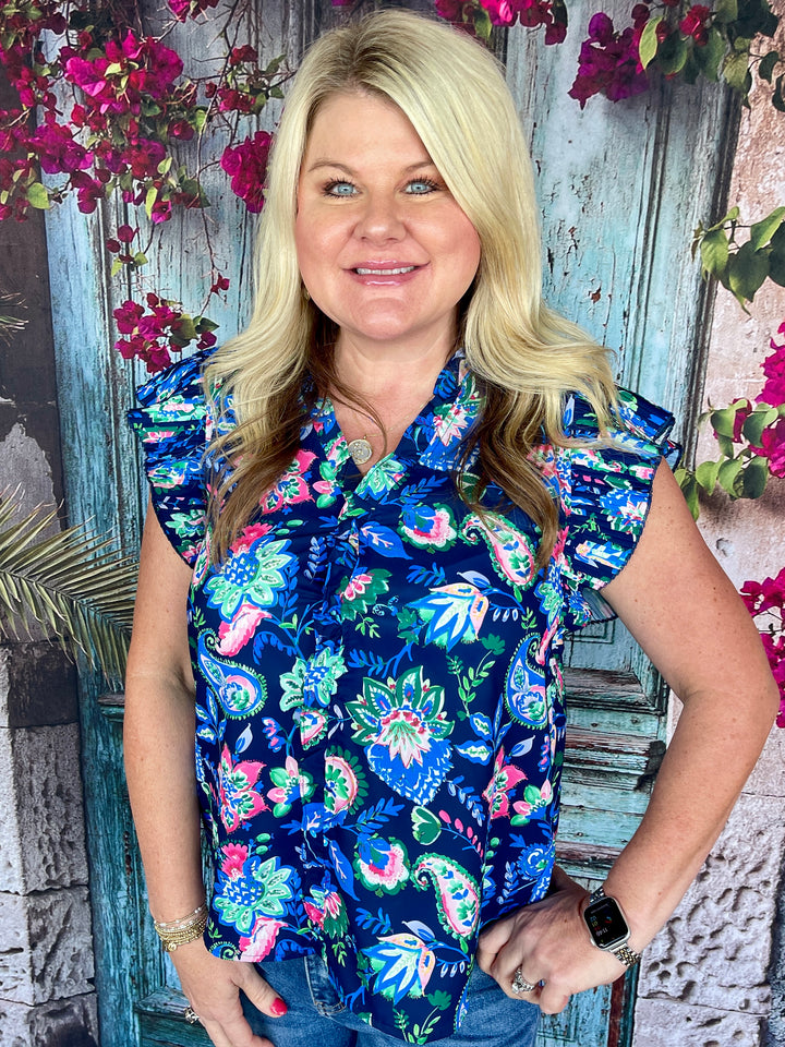 Peonies & Paisley Top- Navy