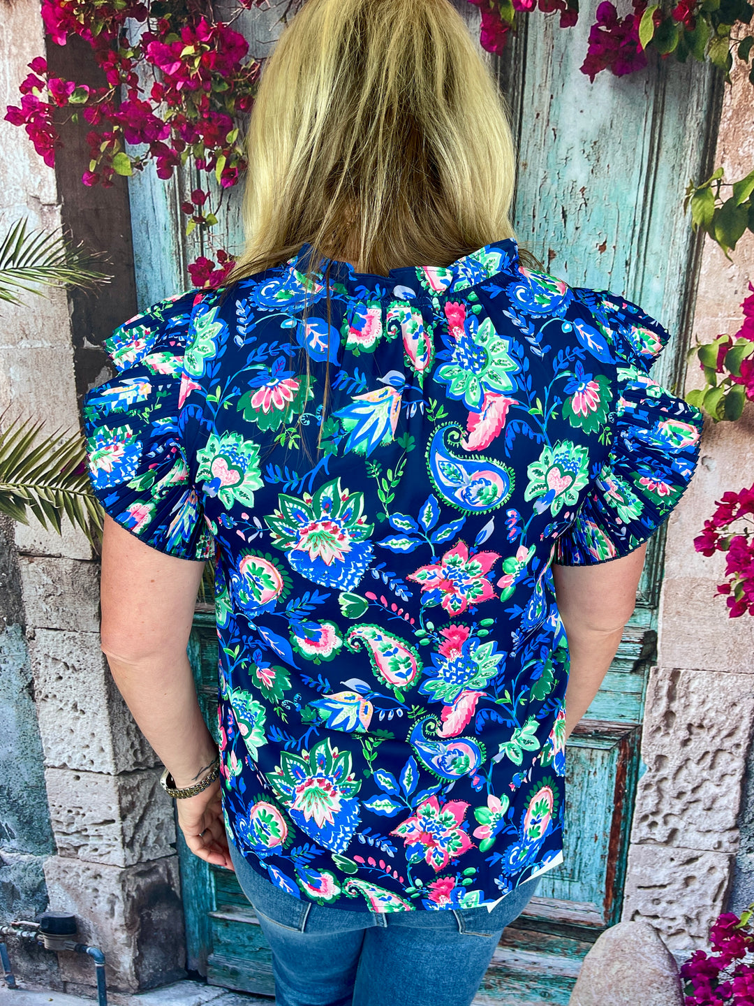 Peonies & Paisley Top- Navy