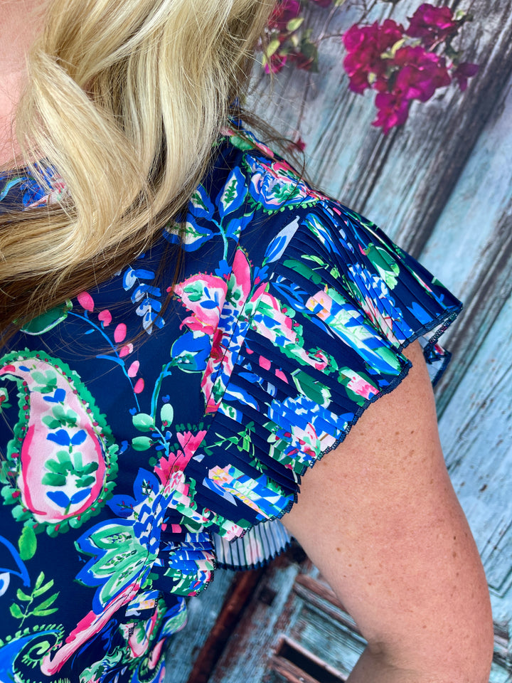 Peonies & Paisley Top- Navy