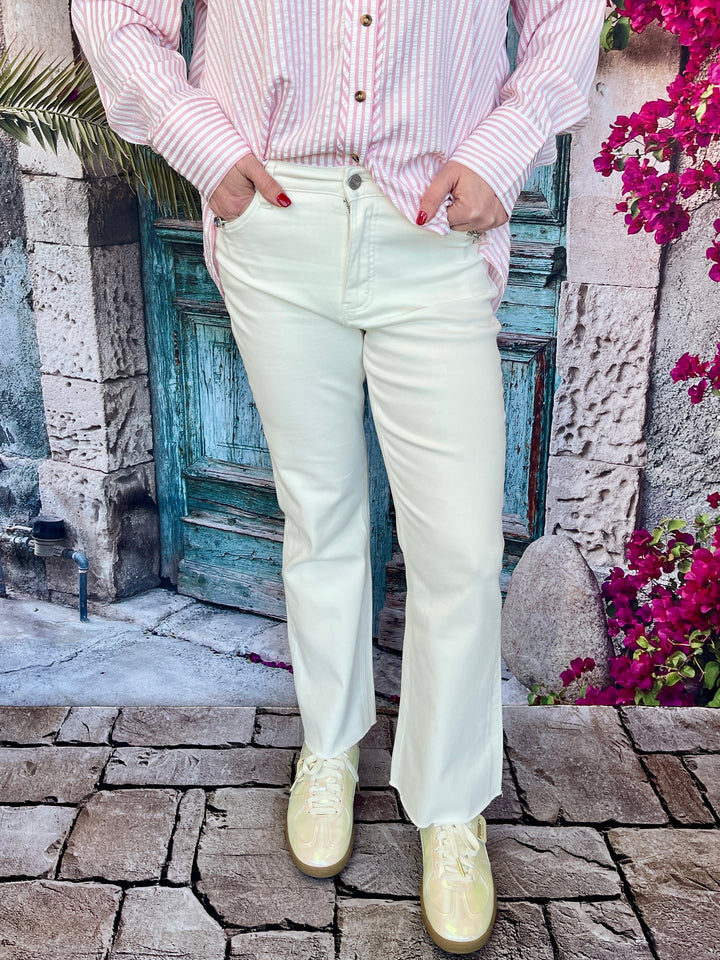 Bayeas Emily Mid Rise Raw Hem Bootcut Denim - White