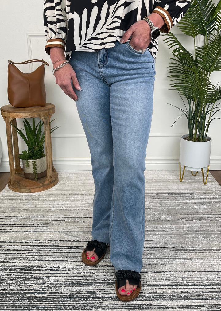 Mica High Rise Bootcut Raw Hem Denim