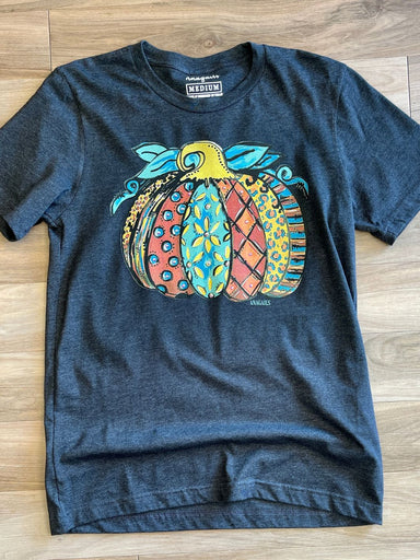 dark grey tee with bright colored pumpkin embellished with rhinestones