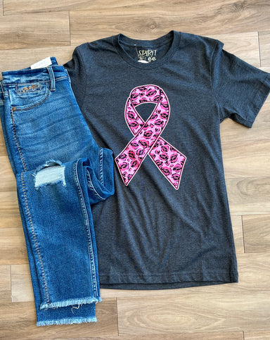 dark heathered gray tee, with pink breast cancer ribbob with leopard print in ribbon