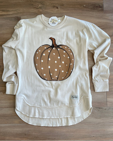 long sleeve tee with high low band at bottom hem, light brown pumpkin design with white dot accents