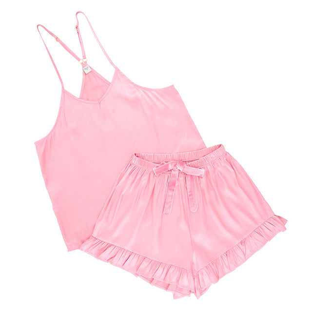 Cami & Velvet Ruffled Short Set - Pink