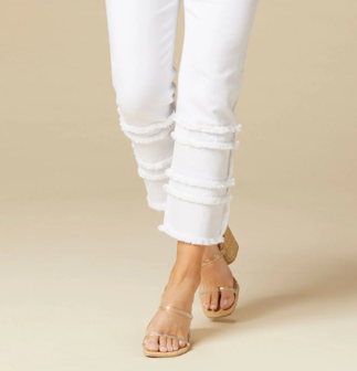 OMG ZoeyZip Straight Leg Capri w/Tiered Fringe - White