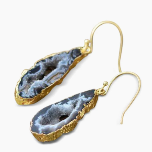 Natural Agate Dangle Earrings - Gold