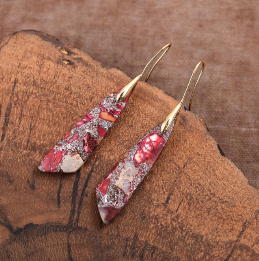 Antique Red Regalite Hook Earrings - Gold