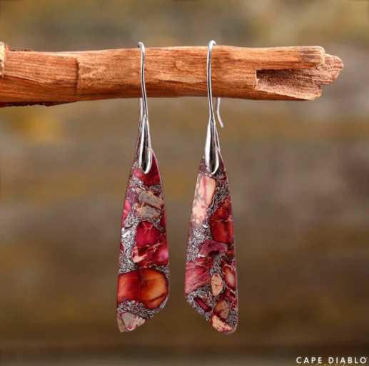 Antique Red Regalite Hook Earrings - Silver