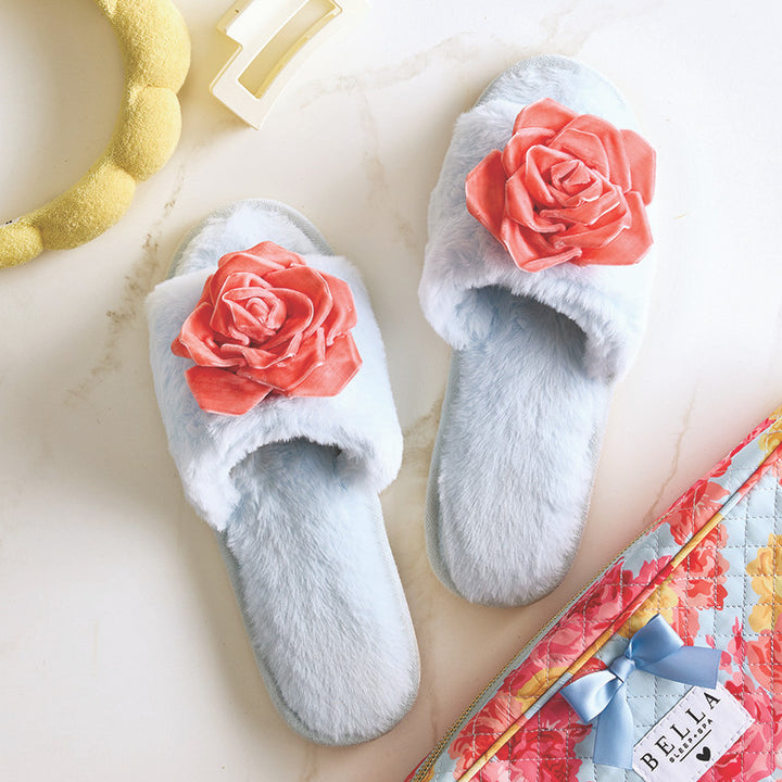 Slippers - Blue & Coral Velvet Rose