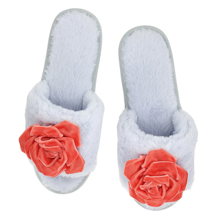 Slippers - Blue & Coral Velvet Rose