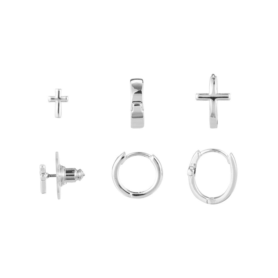 Dainty Cross Earrings Set of (3) - Silver