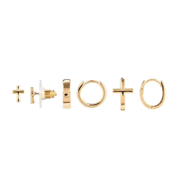 Dainty Cross Earrings Set of (3) - Gold