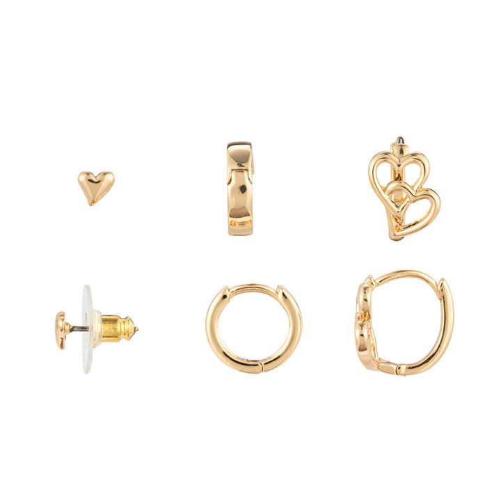 Dainty Double Heart Earrings Set of (3) - Gold