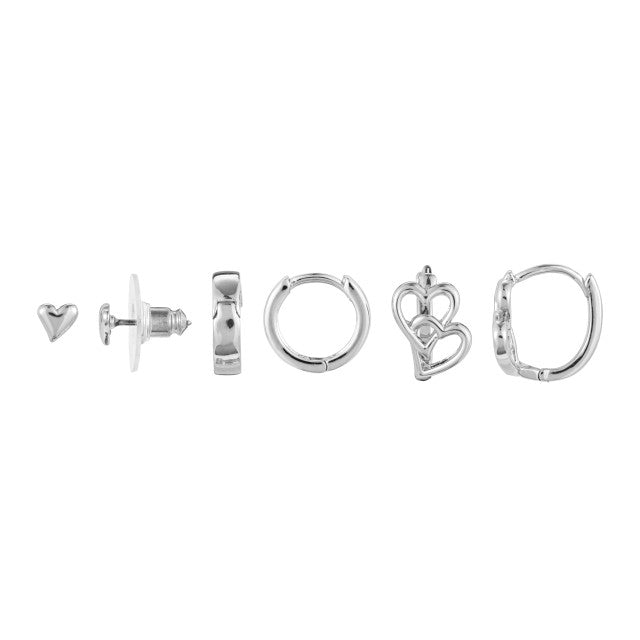 Dainty Double Heart Earrings Set of (3) - Silver