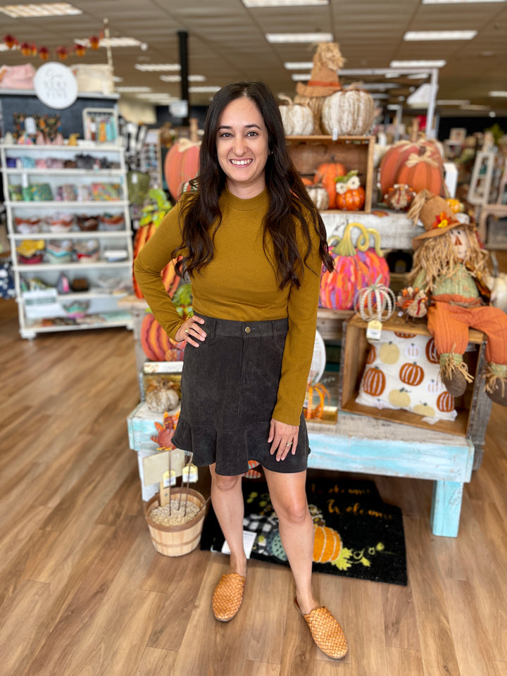 ribbed, long sleeve, lightweight sweater material in mustard