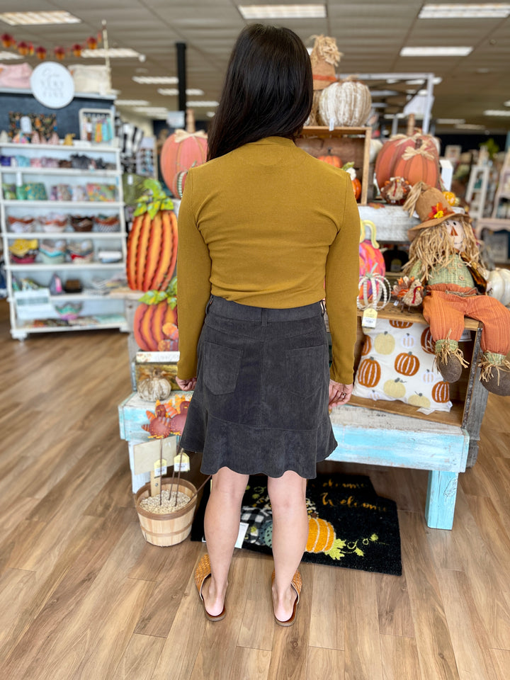 ribbed, long sleeve, lightweight sweater material in mustard